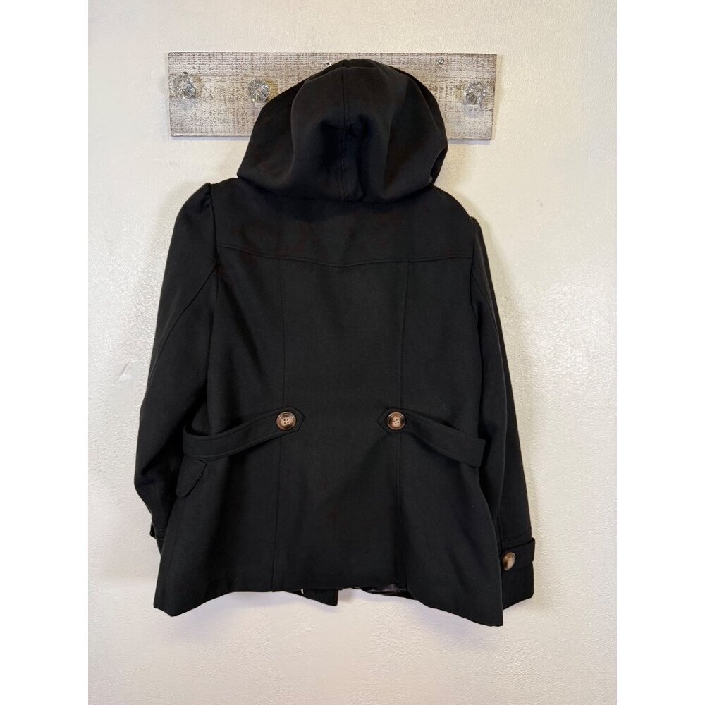 PINK ENVELOPE Womens Long Sleeve Button Front PeaCoat Jacket Black Hooded - Picture 2 of 13